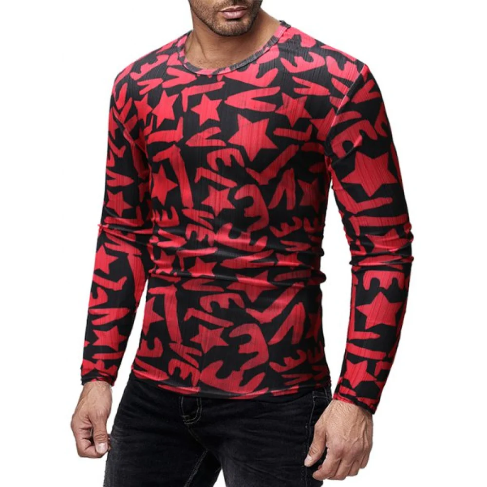 Slim Fit etters Star Print ong Sleeves T-shirt - Cherry Red Fansmadedirect