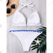 Small Pom Pom Embellished Halter Bikini - White Fansmadedirect