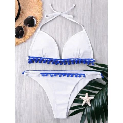 Small Pom Pom Embellished Halter Bikini - White Fansmadedirect