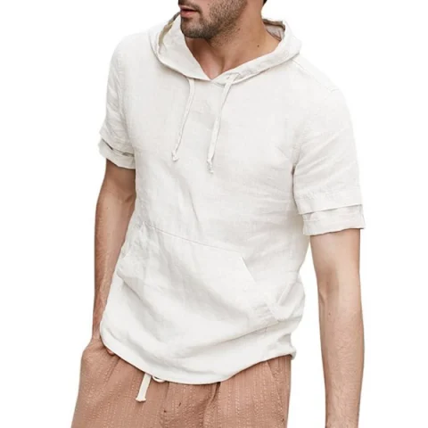 Solid Color Kangaroo Pocket Hooded T-shirt - Beige Fansmadedirect