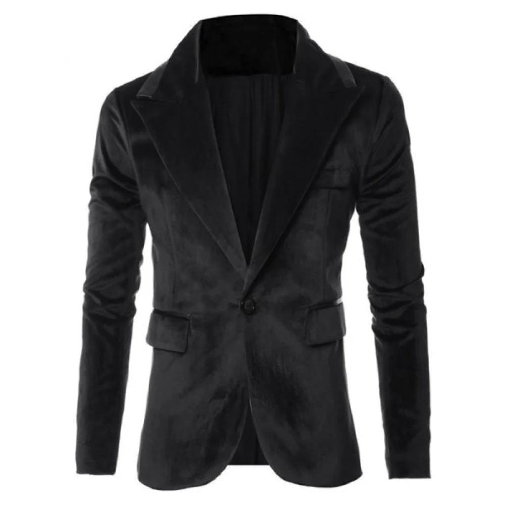 Solid One Button Pocket Velvet Blazer - Black Fansmadedirect