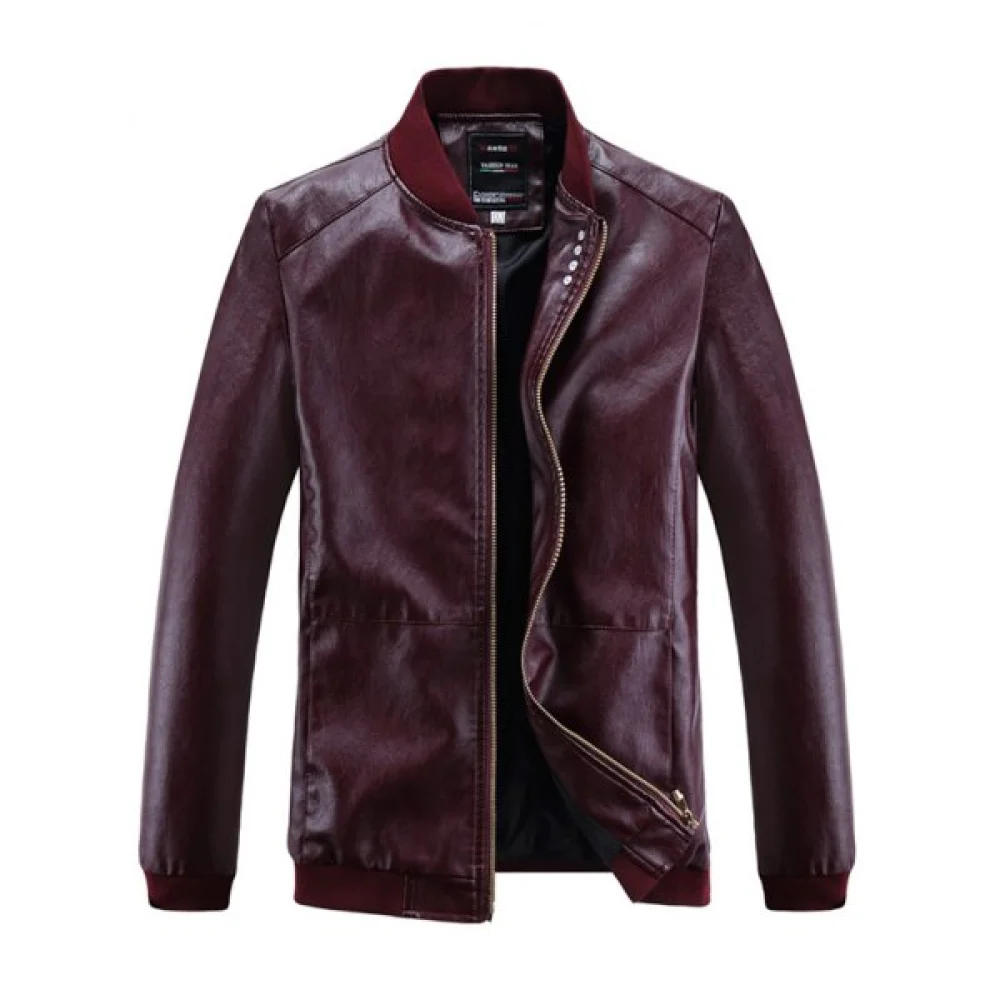Solid Ribbed Edge Motor PU Jacket - Red Wine Fansmadedirect