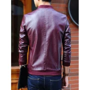 Solid Ribbed Edge Motor PU Jacket - Red Wine Fansmadedirect