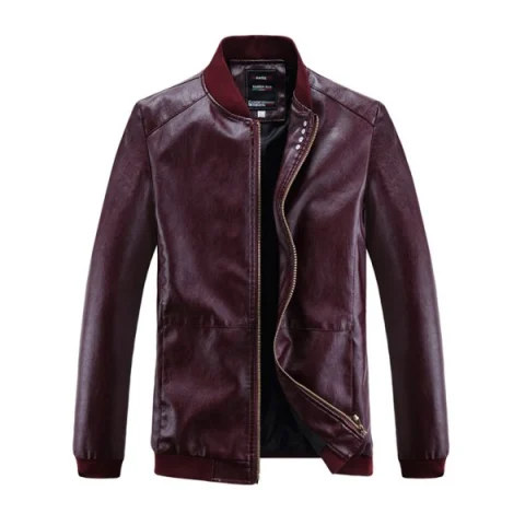 Solid Ribbed Edge Motor PU Jacket - Red Wine Fansmadedirect