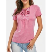 Space Dye Lace-up Flower Print Tee - Pink Fansmadedirect