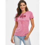 Space Dye Lace-up Flower Print Tee - Pink Fansmadedirect