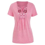 Space Dye Lace-up Flower Print Tee - Pink Fansmadedirect