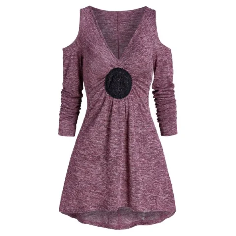 Space Dye Open Shoulder Plunging Neck T Shirt - Firebrick Fansmadedirect