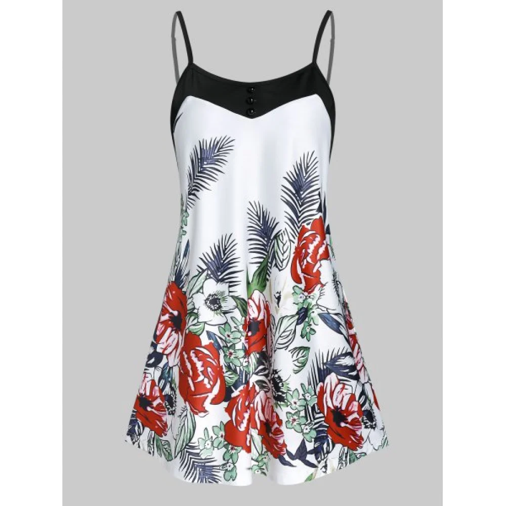 Spaghetti Strap Button Ditsy Print Tank Top - White Fansmadedirect