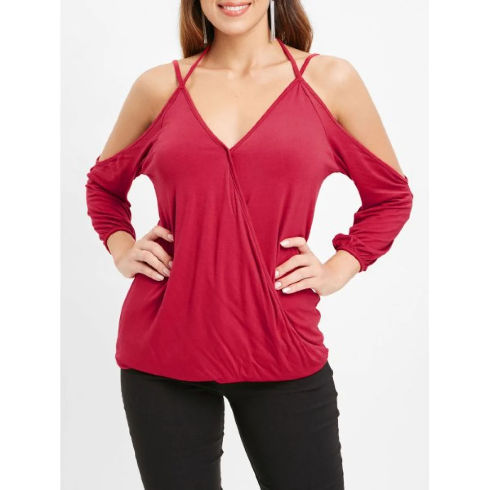 Spaghetti Strap Cold Shoulder T-shirt - Red Fansmadedirect