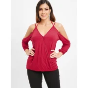 Spaghetti Strap Cold Shoulder T-shirt - Red Fansmadedirect