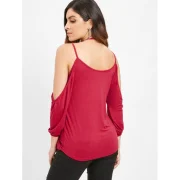 Spaghetti Strap Cold Shoulder T-shirt - Red Fansmadedirect