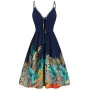 Spaghetti Strap Lace Up Leaves Print Flare Dress - Cadetblue Fansmadedirect