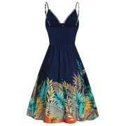Spaghetti Strap Lace Up Leaves Print Flare Dress - Cadetblue Fansmadedirect
