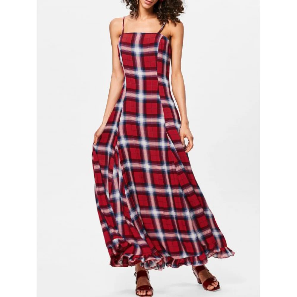 Spaghetti Strap Plaid Long Dress - Red Wine Fansmadedirect