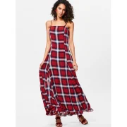 Spaghetti Strap Plaid Long Dress - Red Wine Fansmadedirect