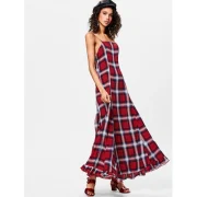 Spaghetti Strap Plaid Long Dress - Red Wine Fansmadedirect