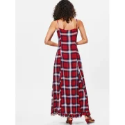 Spaghetti Strap Plaid Long Dress - Red Wine Fansmadedirect