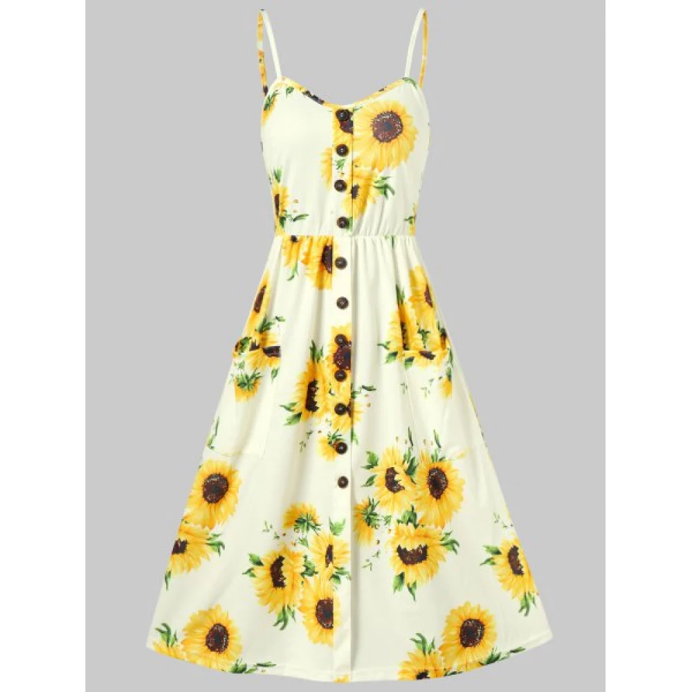 Spaghetti Strap Sunflower Print Mini Dress - Yellow Fansmadedirect