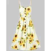 Spaghetti Strap Sunflower Print Mini Dress - Yellow Fansmadedirect