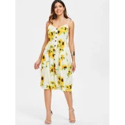Spaghetti Strap Sunflower Print Mini Dress - Yellow Fansmadedirect