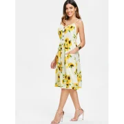 Spaghetti Strap Sunflower Print Mini Dress - Yellow Fansmadedirect