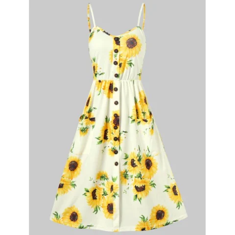 Spaghetti Strap Sunflower Print Mini Dress - Yellow Fansmadedirect