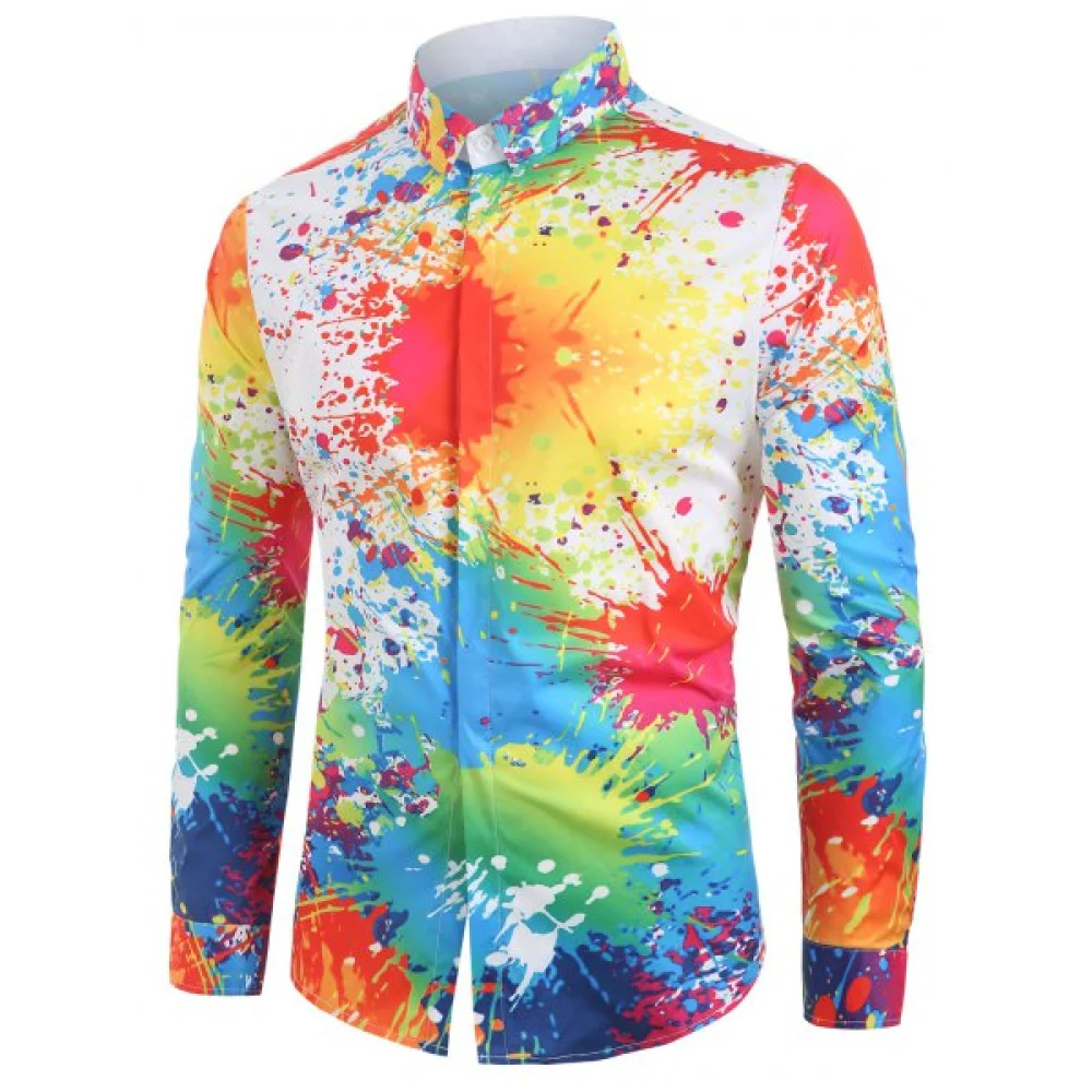 Splatter Painting Print Long Sleeves Shirt - White Fansmadedirect