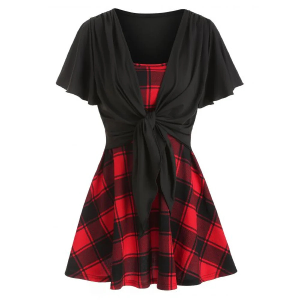 Square Neck Plaid Panel Tunic T Shirt - Black Fansmadedirect