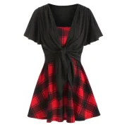 Square Neck Plaid Panel Tunic T Shirt - Black Fansmadedirect