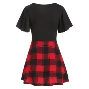 Square Neck Plaid Panel Tunic T Shirt - Black Fansmadedirect