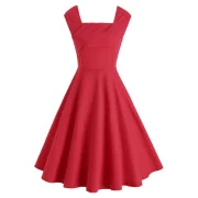 Square Neck Ruched Flare Dress - Red Fansmadedirect
