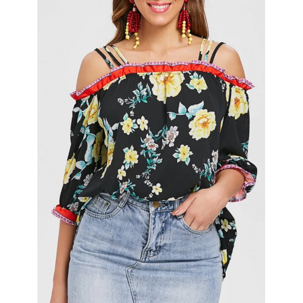 Strappy Floral Print Blouse - Black Fansmadedirect