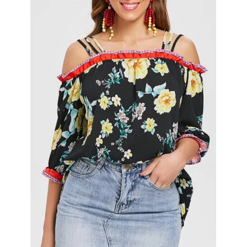 Strappy Floral Print Blouse - Black Fansmadedirect