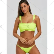 Strappy Flounce Shirred Bikini - Fluorescent Yellow Fansmadedirect