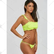 Strappy Flounce Shirred Bikini - Fluorescent Yellow Fansmadedirect