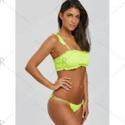Strappy Flounce Shirred Bikini - Fluorescent Yellow Fansmadedirect