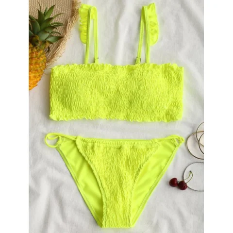 Strappy Flounce Shirred Bikini - Fluorescent Yellow Fansmadedirect