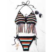 Striped Crochet Halter Bikini Set - One Fansmadedirect