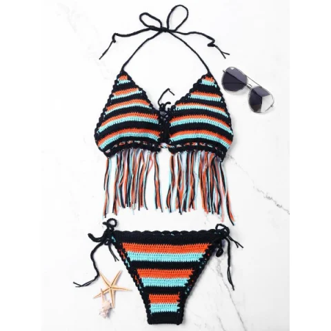 Striped Crochet Halter Bikini Set - One Fansmadedirect