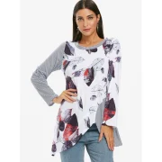 Striped Leaves Print Longline Tee - White Fansmadedirect