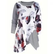 Striped Leaves Print Longline Tee - White Fansmadedirect