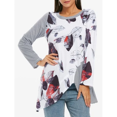 Striped Leaves Print Longline Tee - White Fansmadedirect
