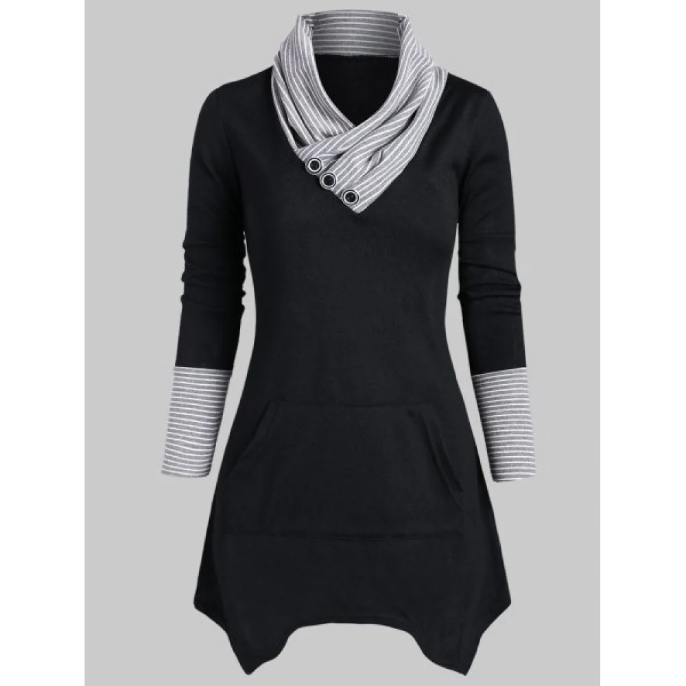 Striped Mock Button Asymmetrical Knitwear - Black Fansmadedirect