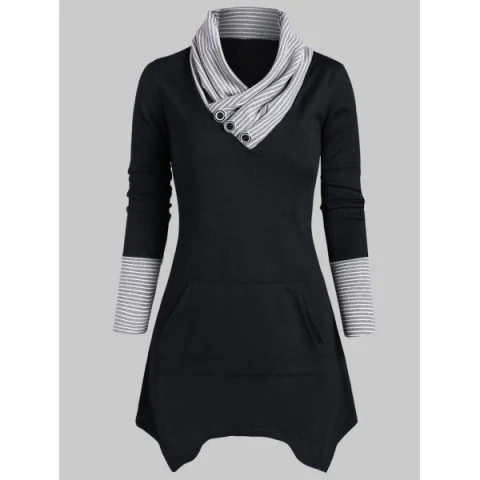 Striped Mock Button Asymmetrical Knitwear - Black Fansmadedirect