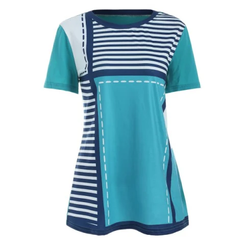 Striped Print Contrast Tee - Medium Turquoise Fansmadedirect