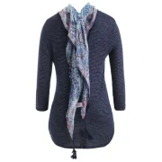 Striped Print Top with Scarf - Cadetblue Fansmadedirect