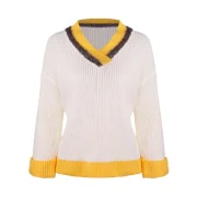 Striped V Neck Preppy Sweater - Milk White One Fansmadedirect