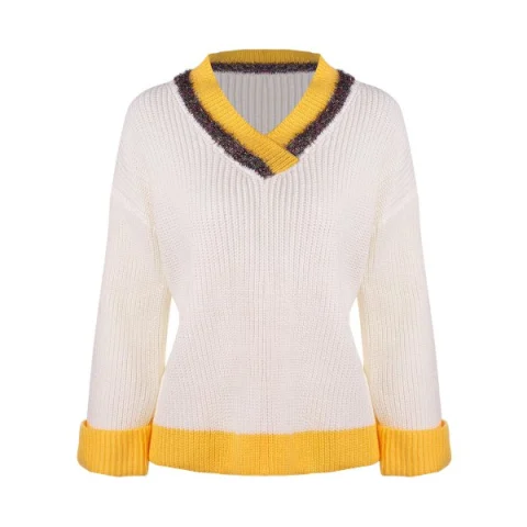 Striped V Neck Preppy Sweater - Milk White One Fansmadedirect
