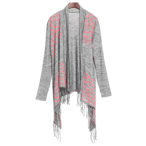 Stylish Collarless ong Sleeve Fringed Asymmetrical Women's Cardigan - Gray Fansmadedirect